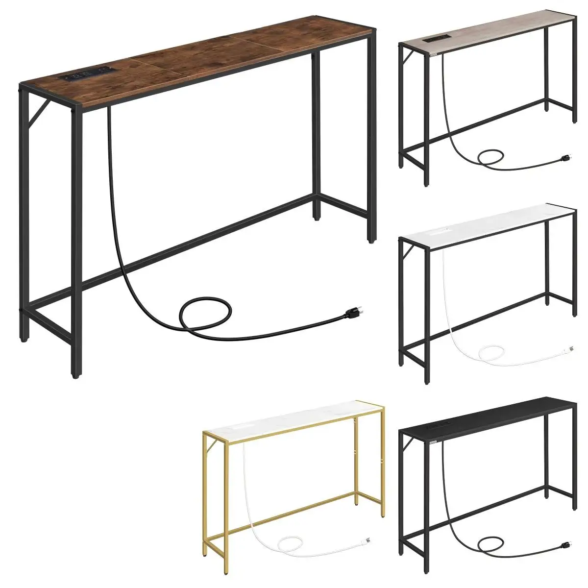 Console Table with Power Station, Industrial Style Entryway Table, Behind Sofa Table with Outlets and USB Ports for Entryway
