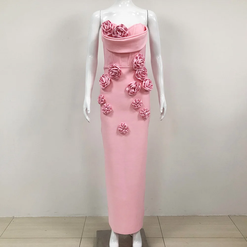 High Quality Women Party Dress Vestidos Elegantes 3d Rose Flower  Off-the-shoulder Pink Elegant Long Bodycon Bandage Dress