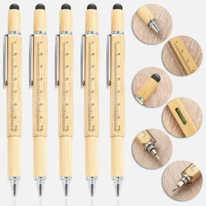 Eco-Friendly 7-in-1 Bamboo Multi-Functional Pen Portable Tool Ballpen with Screwdriver Ruler for Gift Usage