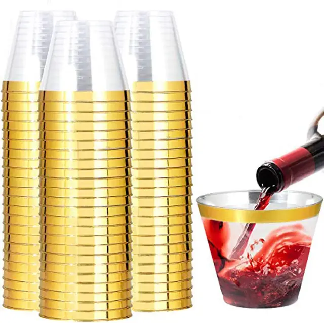 9 Oz Elegant Clear  Gold Rimmed Plastic Cups, Disposable Party Cups Wedding Cups Drinking Plastic Cocktail Glasses with Gold Rim