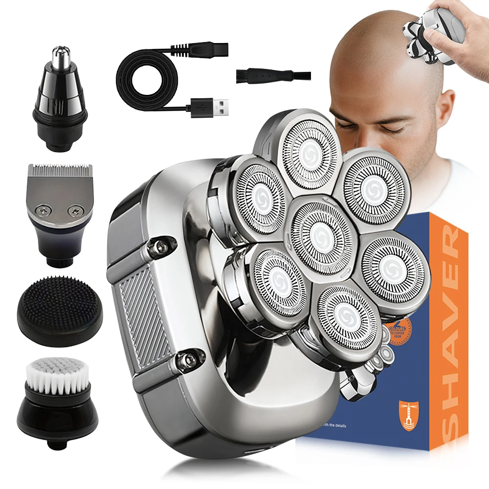 Five-in-One Waterproof Bald Stainless Steel Blades Seven-Blade Beard Trimmer for Household RV Use USB Rotary Electric Shaver