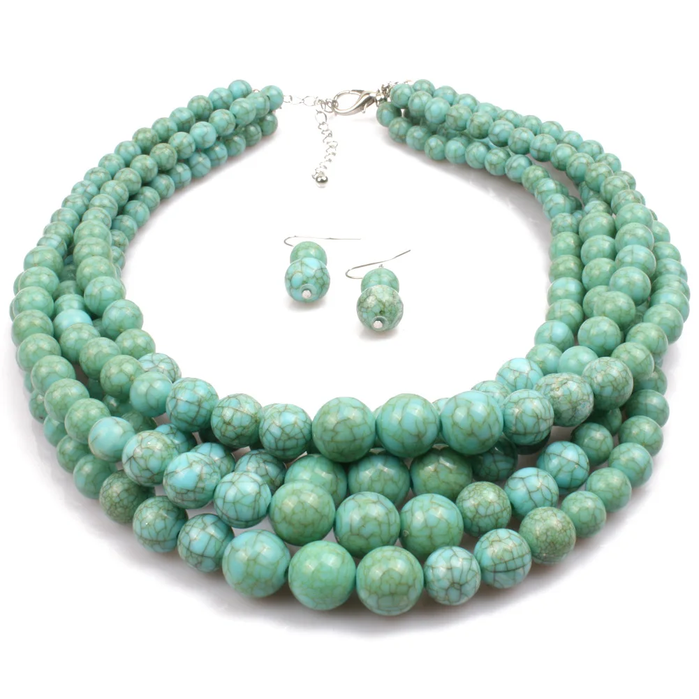 Imitation Turquoise Crack Beaded Multi Layered Necklace Earrings Bridal Jewelry Set