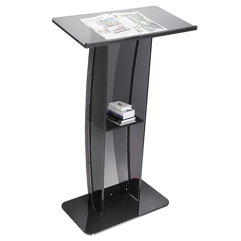 Factory Custom 47" Clear Acrylic Podium Stand Wide Reading Surface Black Storage Shelf Church Office Commercial Furniture