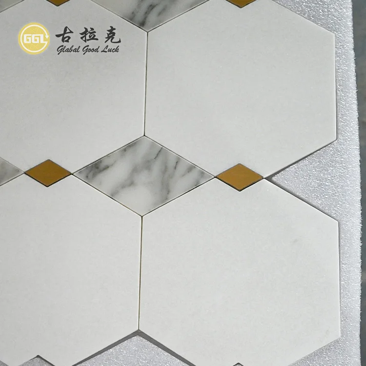 Marble Calacatta Gold Mixed Thassos White  And Brass Waterjet Polished Mosaic Tile for Bathroom Wholesale