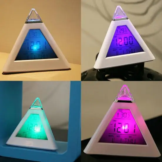 Perpetual Calendar Thermometer Home Decoration Triangle Pyramid Colorful Backlight Digital Table Desk Alarm Clock