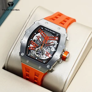 For TB8208 Tonneau Case Miyota Automatic Mechanical Watch Stainless Steel Sapphire Crystal 5BAR Water Resistant Silicone