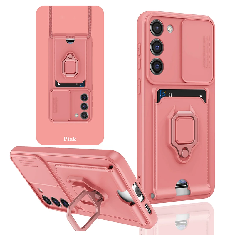 Multifunctional Magnetic Ring Holder for Samsung S24 Ultra Plus S22 Slide Camera Window Card Wallet Slot Cover Mobile Phone Case