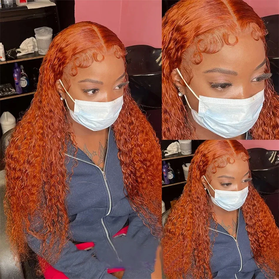 Perruque frontale en dentelle ondulée profonde orange gingembre perruques de cheveux humains en dentelle frontale transparente HD cheveux bouclés colorés_voghion.com