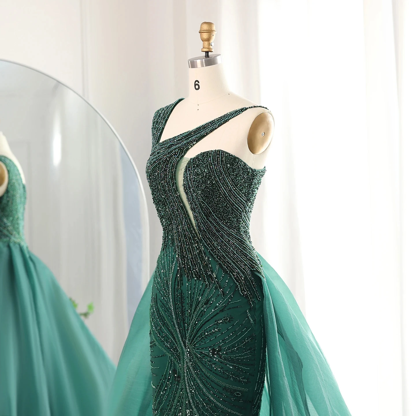 Luxury Emerald Green One Shoulder Evening Dress for Women Elegant Wedding  Party Prom Formal Gowns Overskirt Sequined 3D Sz128-1