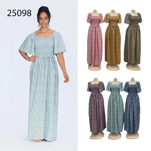 Wholesale Summer square Collar Short Sleeve Printed Women Retro Floral Fashion Breathable Dress