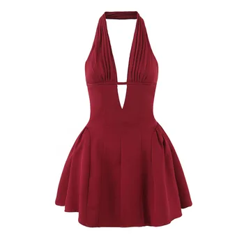 Back Hollow Out Sleeveless Red Color Hot Sale Casual Fashion Summer Mini Halter Dress for Women