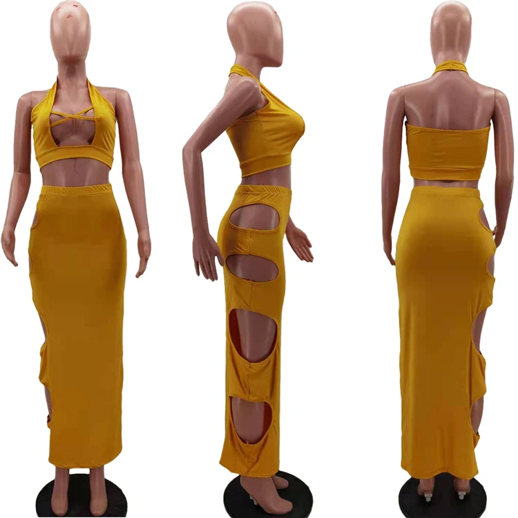 MOEN Sexy Sleeveless habits femme Fashion Crop Top Holes Summer Dress Bodysuit Two Piece Set Dress Set