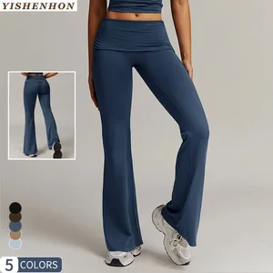 For YISHENHON Women's Trendy Hot Sale High-Waist Pleated Yoga Leggings Fitness Running Tight-Fitting Custom Flared Pants Solid H