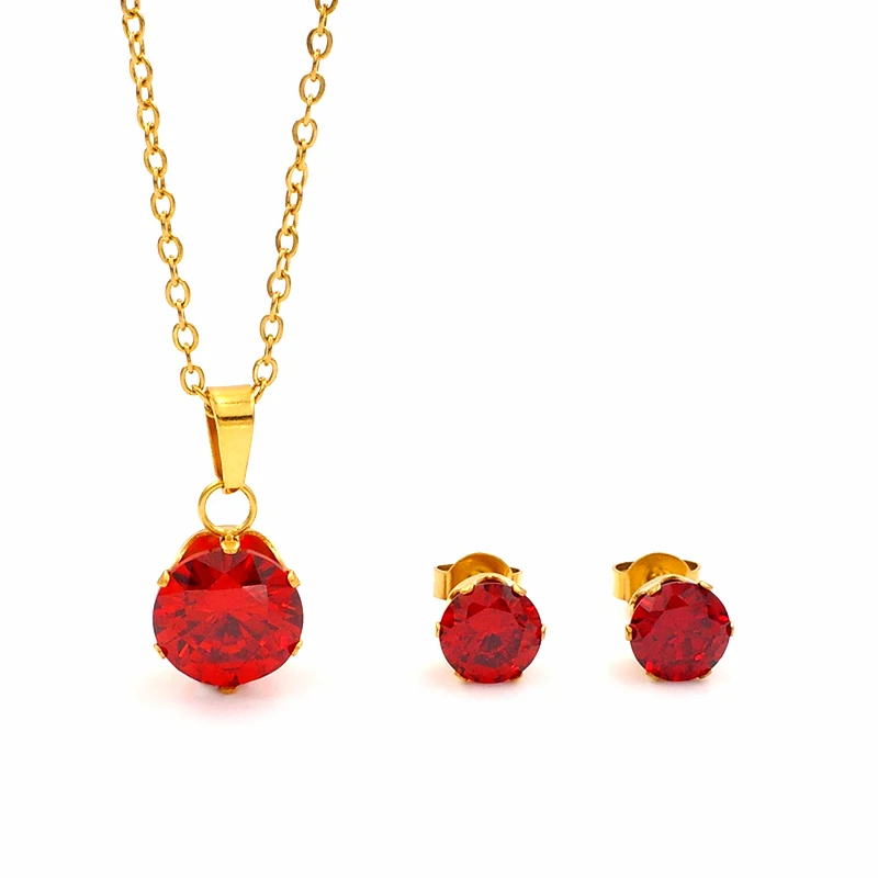 Fashion Stainless Steel Claw Setting Round Multicolor 3A Cubic Zirconia Necklace Earrings Jewelry Set  for Woman Italian Jewelry