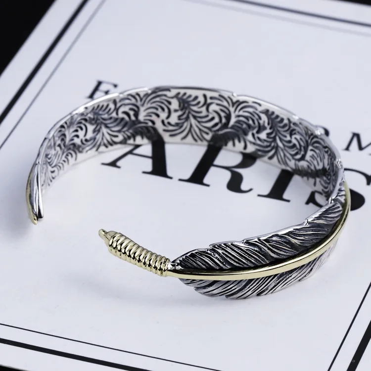 Men's Vintage Feather Bracelet Opened Bracelet Two Tones Silver Gold 925  Sterling Silver Bangle Bracelet For Men - Buy Silver Bracelet 925