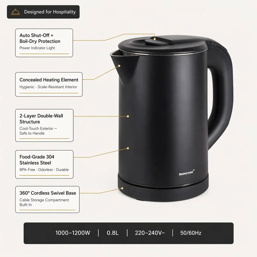 High Quality Stainless Steel Electric Kettle with Temperature Control 0.8L Capacity Portable for Home & Hotel Use