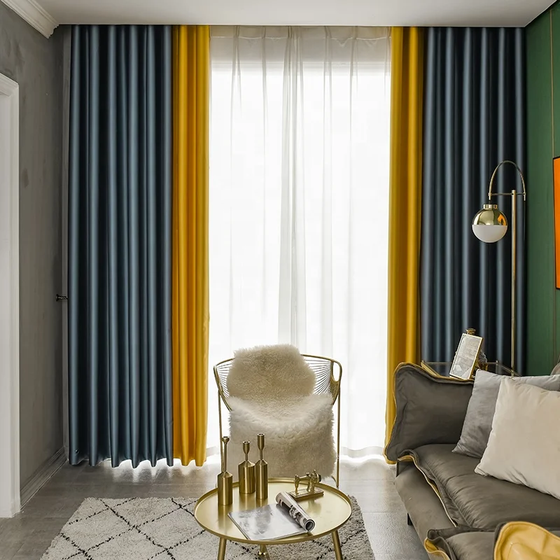 Latest Curtain Designs Modern Simple Color Splicing Thermal Insulated Blackout Curtains Ready Made for Living Room