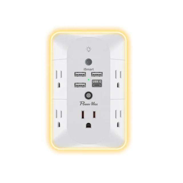 US Standard Outlet Extender Hotel Office Home Kitchen Outlet Extension Power Strip 3USB 1Type C 5AC Outlets Plug Adapter