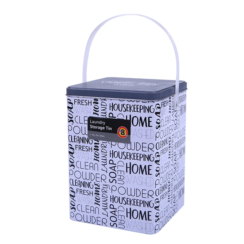 Popular Customize Square Tin Box for Washing Powder Detergent Empty Tin Box Container With Plastic Handle Custom Tin Can