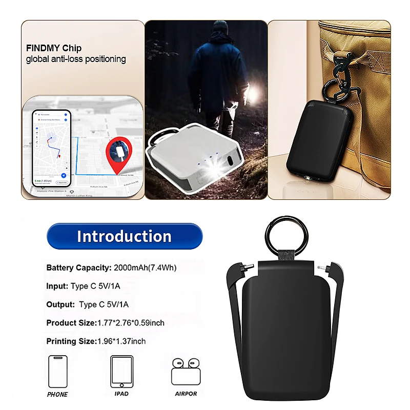 Personnalisable 2 Cables Type C Emergency Mobile Small Portable Charger Mini Keychain Power Bank 4000mah With Logo