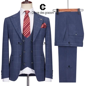 Cenne Des Graoom  2023 Tailor-Made Blue Plaid Men Suits Slim Fit Jacket Vest Pants 3 Pcs Set Groom Business Office Meeting Party