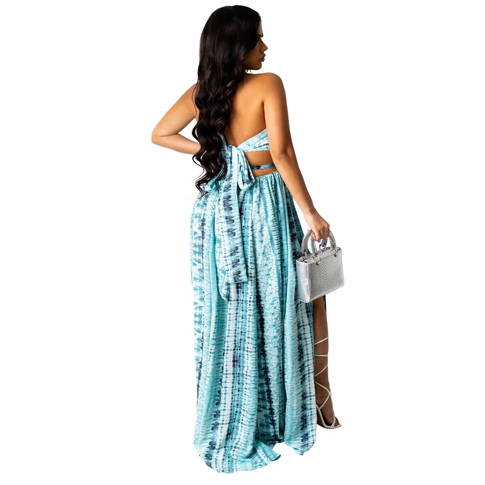 2023 Bohemian Tie Dye Cut Out Silver Belted Maxi Split Sexy Halter Long  Dress Vacation Outfits Party Beach Gowns Dress