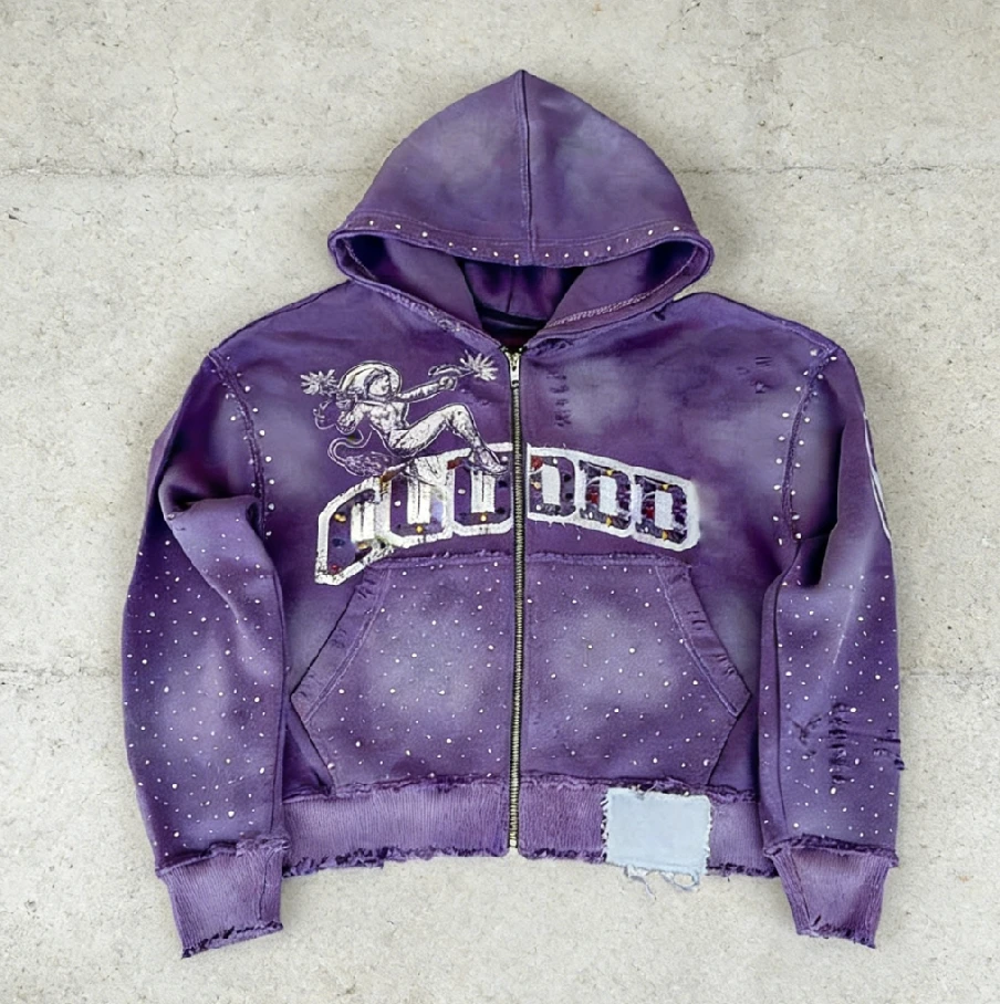 Custom Logo High Quality 400 Gsm 500 Gsm Cotton Heavyweight Oversized Distresssed Washed Sun Faded Rhinestone Zip up Hoodies