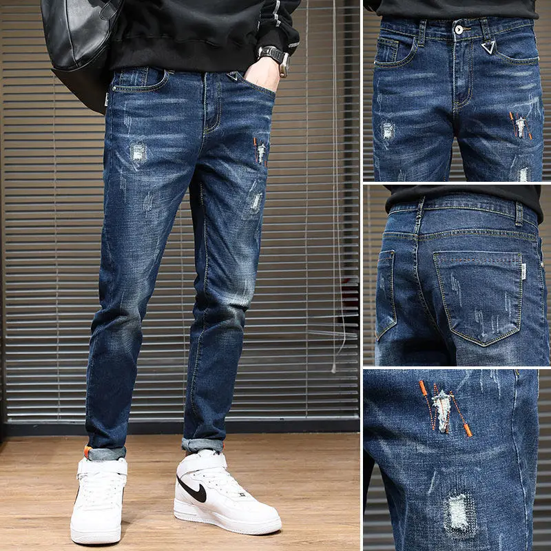 Рваные обтягивающие джинсовые брюки, китайская фабрика, оптовая продажа, высококачественные популярные мужские летние брюки, простые джинсы