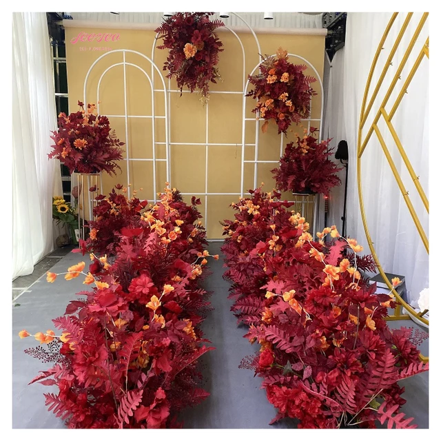 Wholesale Real Touch Wedding Red Flower Row Runners Artificial Walkway Flower Indoor Restaurant Wall Hanging Decorations.