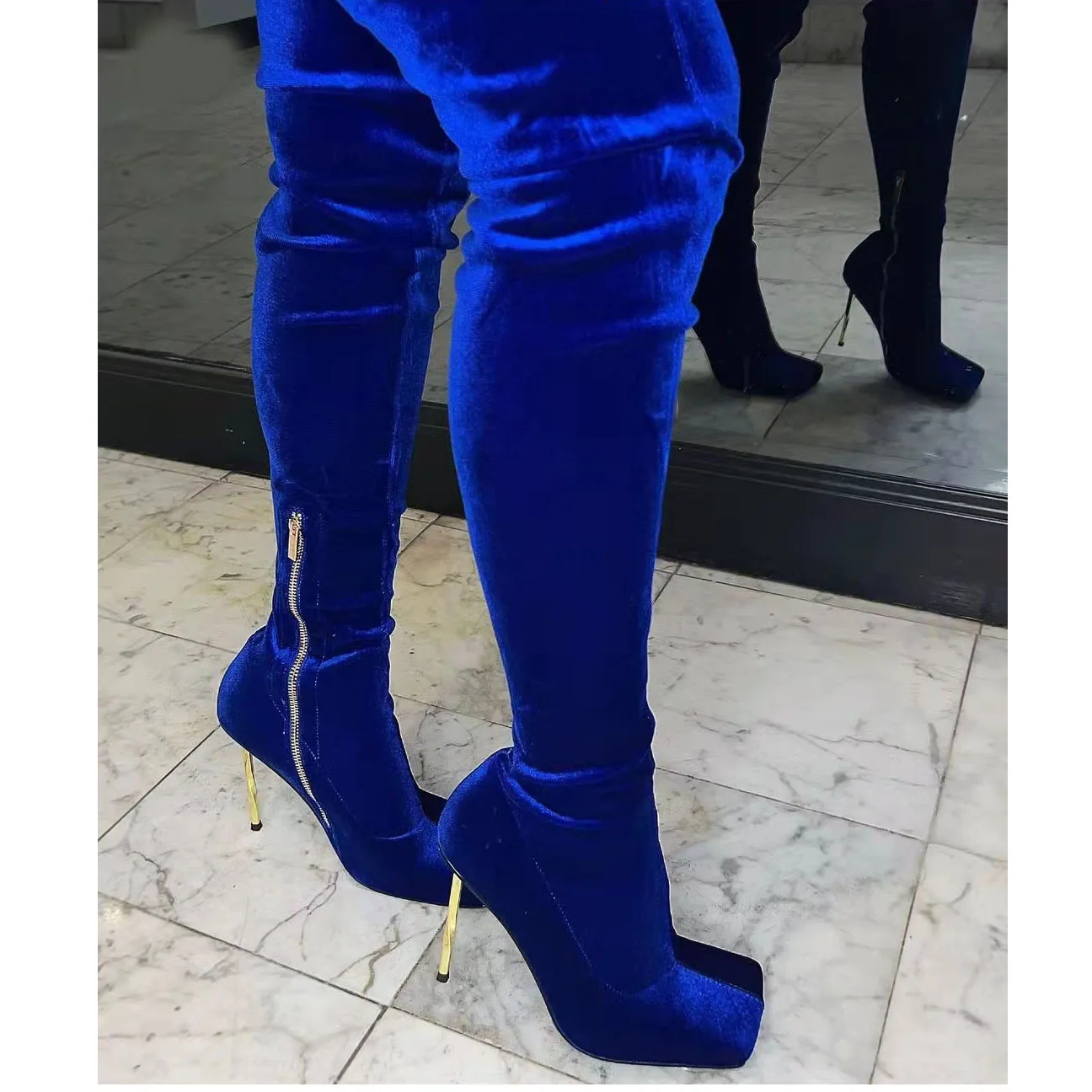 Blue velvet thigh high boots best sale