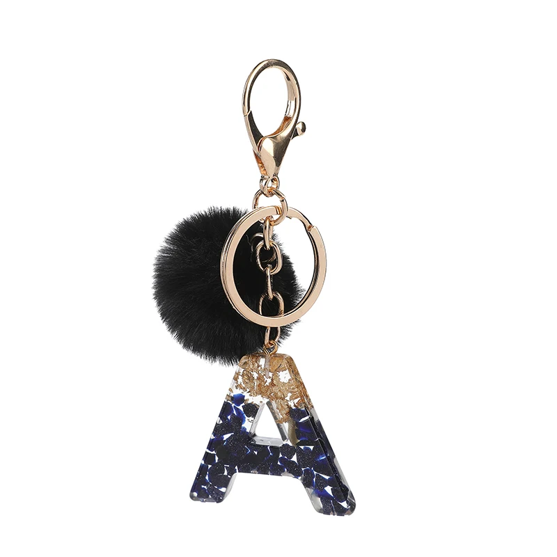 1Pc Black Pompom Letter Keychain English Alphabet Keyring Glitter Gradient  Resin Car Mirror Accessory Women Handbag Charms
