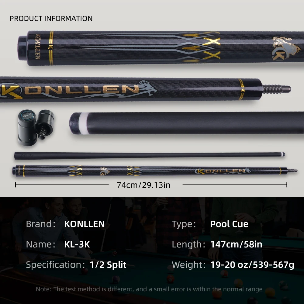 KONLLEN Billiard KL-3K Carbon Fiber Pool Cue Stick 12.2mm Tip 3*8