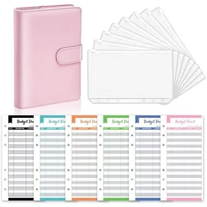 A6 Pink PU Leather Binder Cover with 6 Ring Binder Pockets Loose-leaf Cash Budget Envelopes System and Binder Bags
