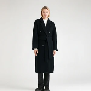 Women's High Quality Cashmere Wool Coat Trendy Belt Design Long Trench with Polyester Lining for Spring Autumn Winter