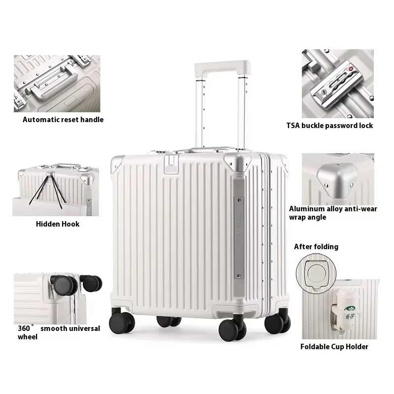 Hot Sale Unisex 18 Inch Computer Luggage Suitcase Aluminum Frame PC Material with TSA Lock Cup Holder and Silent Wheels