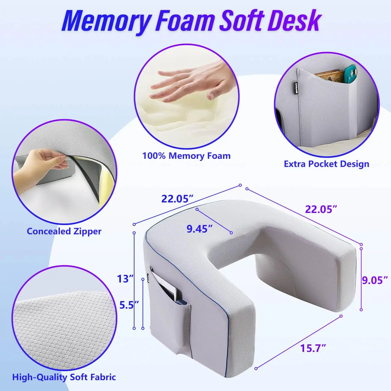 Best Seller Bed Working Arm Rest Pillow Memory Foam Bed Rest Soft Lap Desk Reading Pillow With Pocket