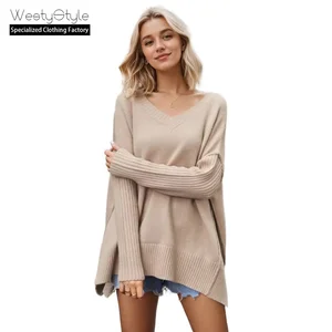 2026 Autumn Winter Women's Long V-Neck Knitted Sweater New Solid Color Polyester/Cotton Anti-shrink Casual Loose Wrinkled Design