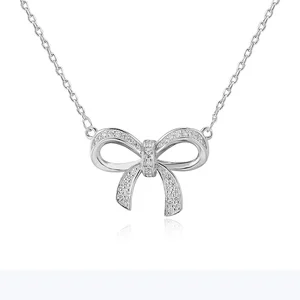 925 Silver Bow Pendant Necklace Rhodium Plated Micro Pave CZ Accent Adjustable 18 Inch Chain Delicate Jewelry Gift for Her