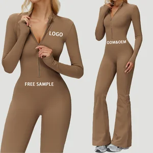 OEM Soft Training Jumpsuit for Women Zip up Turtle Neck Bodysuit One Piece Gym Fitness Workout Compression Playsuit