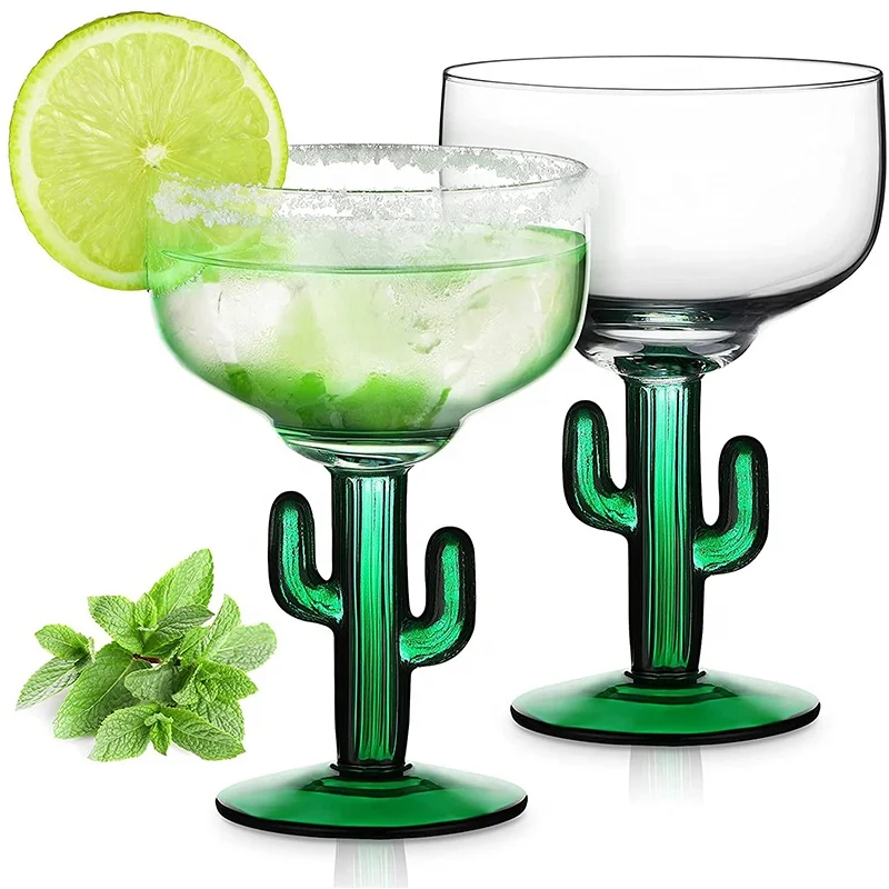 Hand Blown Cactus Margarita Glasses Saguaro Green Cocktail Glass For