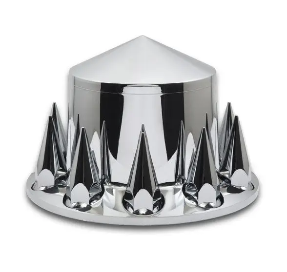 PINOMETAL Custom Removable Hub Caps Chrome Axle Cover Kit 33mm Hubcaps Front Rear Spiked Semi Truck Wheel Nut Cover