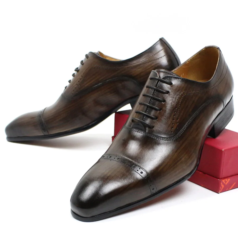 Best Selling Italian Style Men Cow Leather Dress Shoes Lace up Dk Brown  Pointed Toe Style Business Oxford Working Parting Shoes