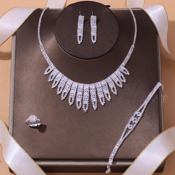 Bridal Fashion Jewelry Kundan Set Four Piece Necklace/Earring/Bracelet/Ring Sets Wedding Crystal Jewelry Set