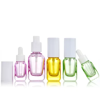 Cosmetic 10ml 20ml 30ml 40ml transparent pink yellow green square glass essential hair oil dropper serum bottle with lotion pump