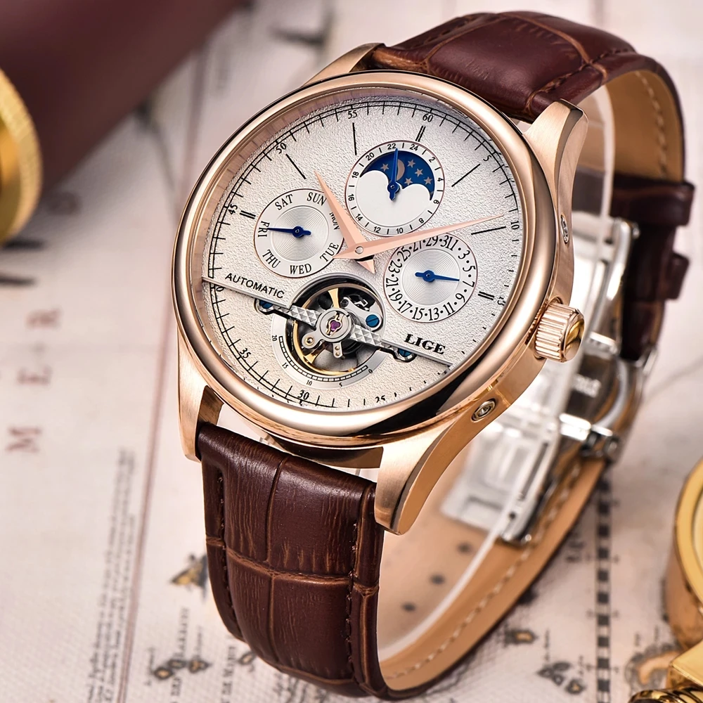 LIGE 6826 Automatic Tourbillon Skeleton Watch Men Calendar Relogio Masculino Drop Shipping  Mechanical Watch