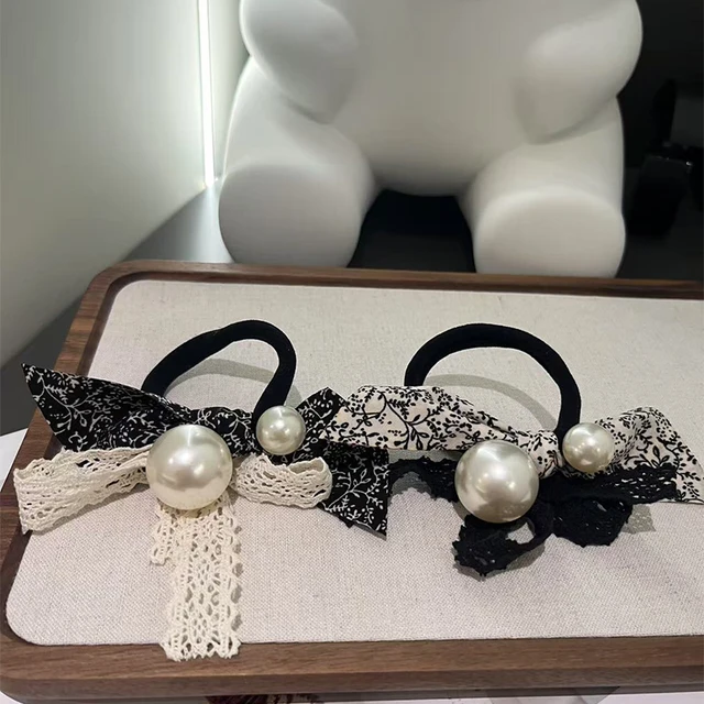 Sweet Bow Handcrafted Scrunchie Elegant Pearl Lace Leather Ring Retro High-end Versatile Elastic Hair Band