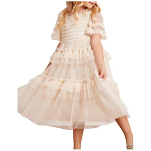 Girls Kids Graceful Ruffled Tulle Short Sleeve Knee - Length Evening Dress Children's Delicate Multi - Layered Sheer Gown
