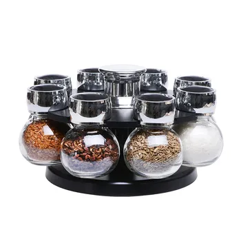 Home Basics Revolving Rack Organizer Set Spinning Spices Herbs Seasoning Kitchen Countertop Storage with 16 Glass Jar Bottles
