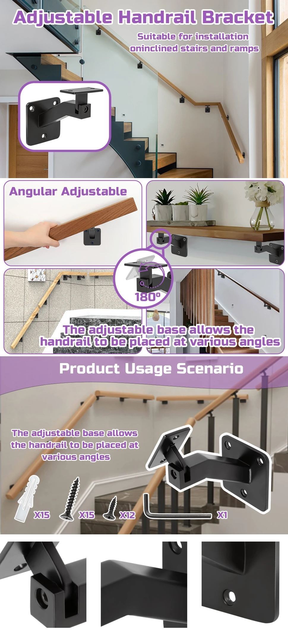 Swivel Handrail Bracket Kit Heavy Duty Metal Adjustable Wall Shelf Stair Railing Hand Rail