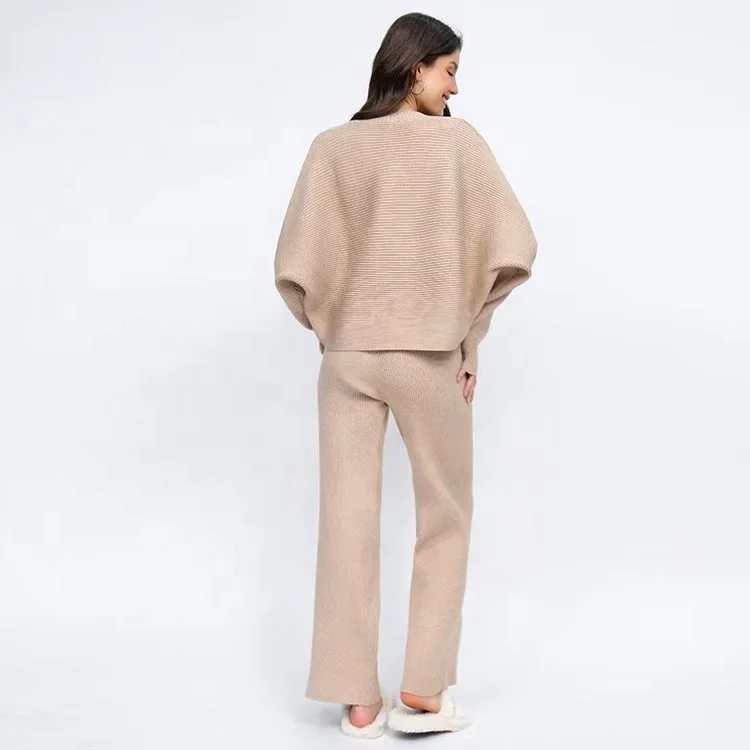 Autumn and Winter Loose Bat Sleeve Knitted Single breasted Sweater High Waist Wide Leg Pants Knitted Set for Women